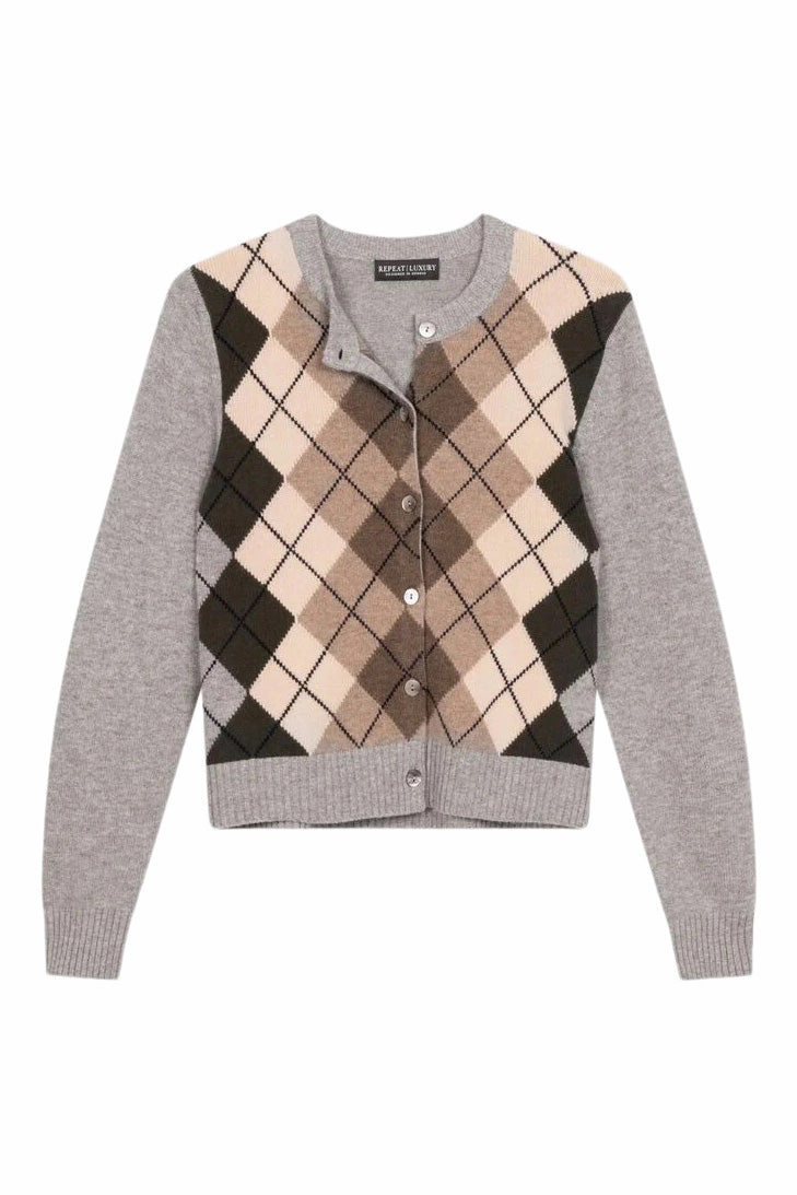 Biodegradable Fiber Options Repeat Cashmere Argyle Cashmere Cardigan in Multi