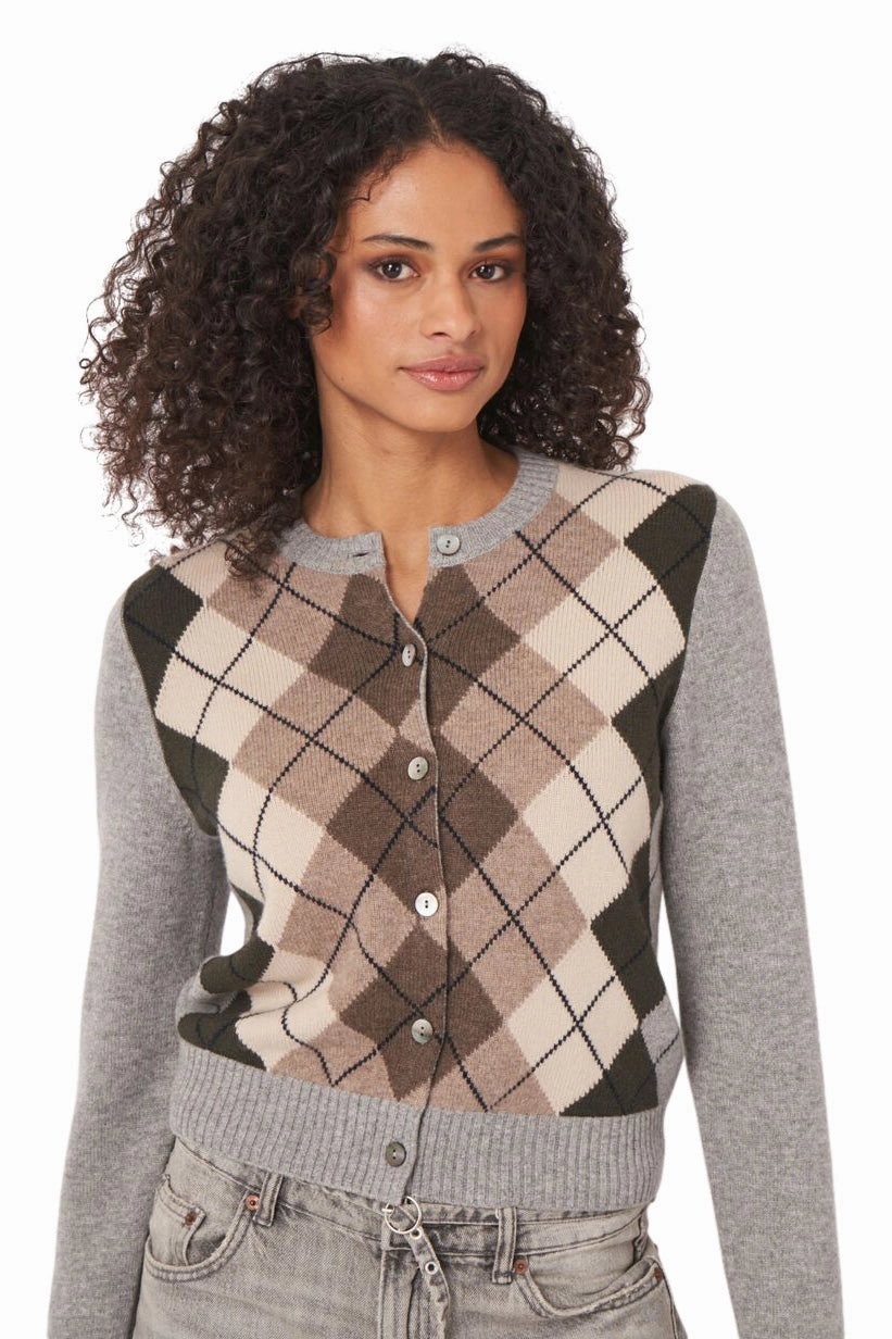 Repeat Cashmere Argyle Cashmere Cardigan in Multi Breathable Stretch