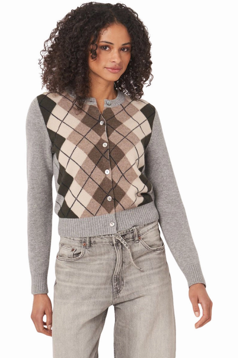 Lattice Stitch Pattern Soft Warm Layers Repeat Cashmere Argyle Cashmere Cardigan in Multi