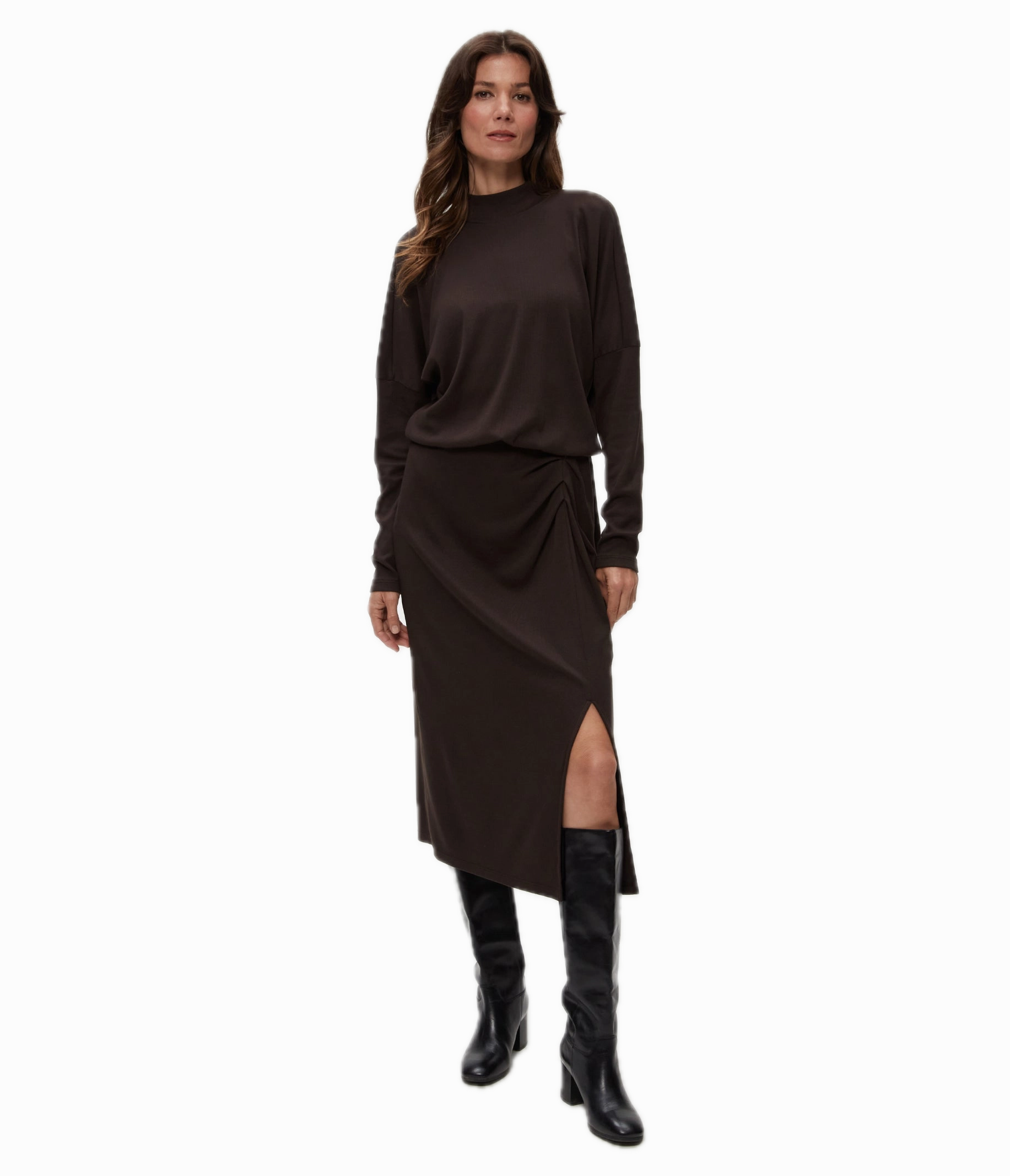 Michael Stars Lila Blouson Midi Dress in Java WideCollarDesign Smart and Stylish