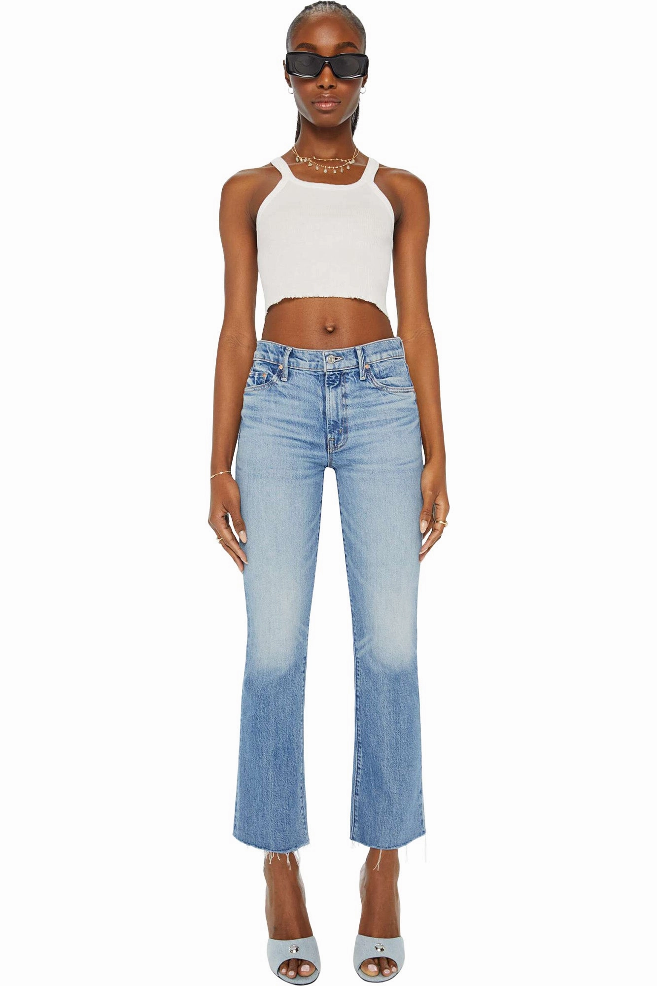 MOTHER Denim Outsider Flood Fray in Are We There Yet Move With Ease Airy Touch