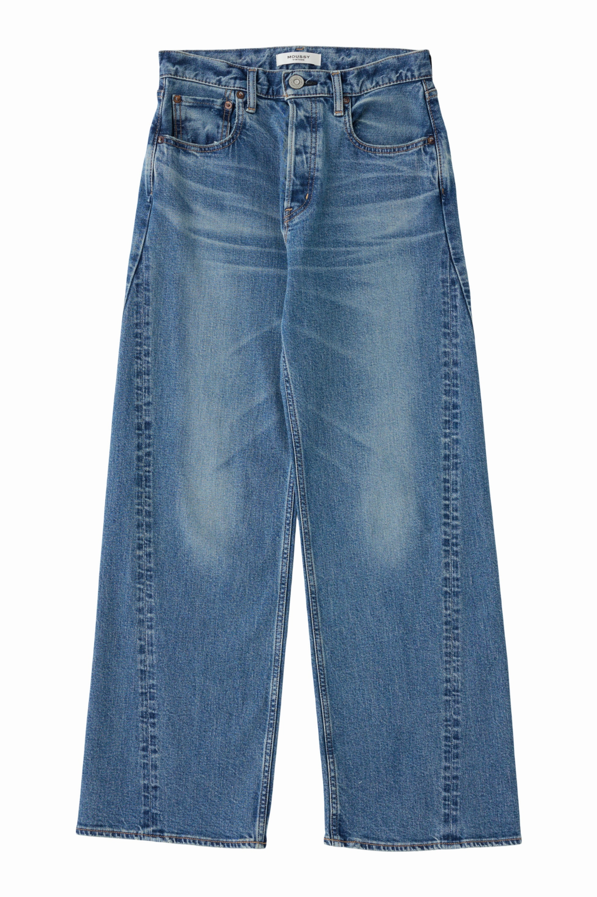 Bartack Stitching Common Outfit Moussy Denim Salisbury Wide Leg Jeans in Blue