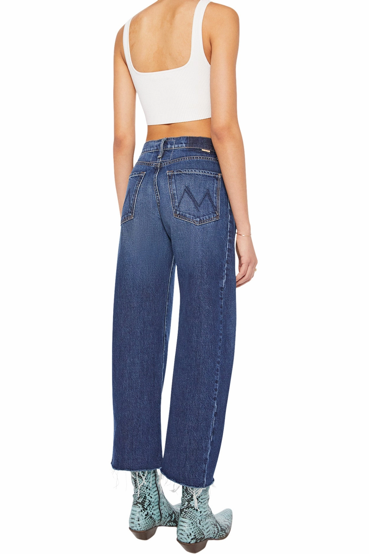 Base Look Anti Odor Fabric Treatment MOTHER Denim Mid Rise Full-Pipe Flood Fray in Unplugged