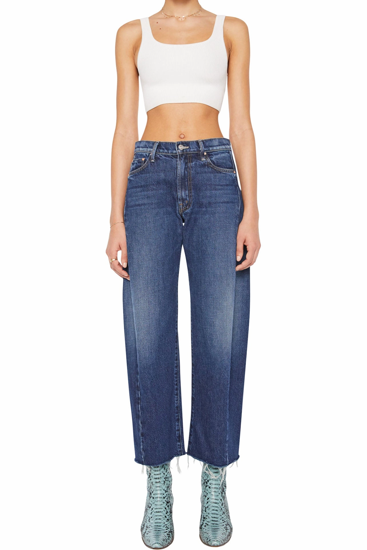 Wardrobe Fit Active Fit MOTHER Denim Mid Rise Full-Pipe Flood Fray in Unplugged