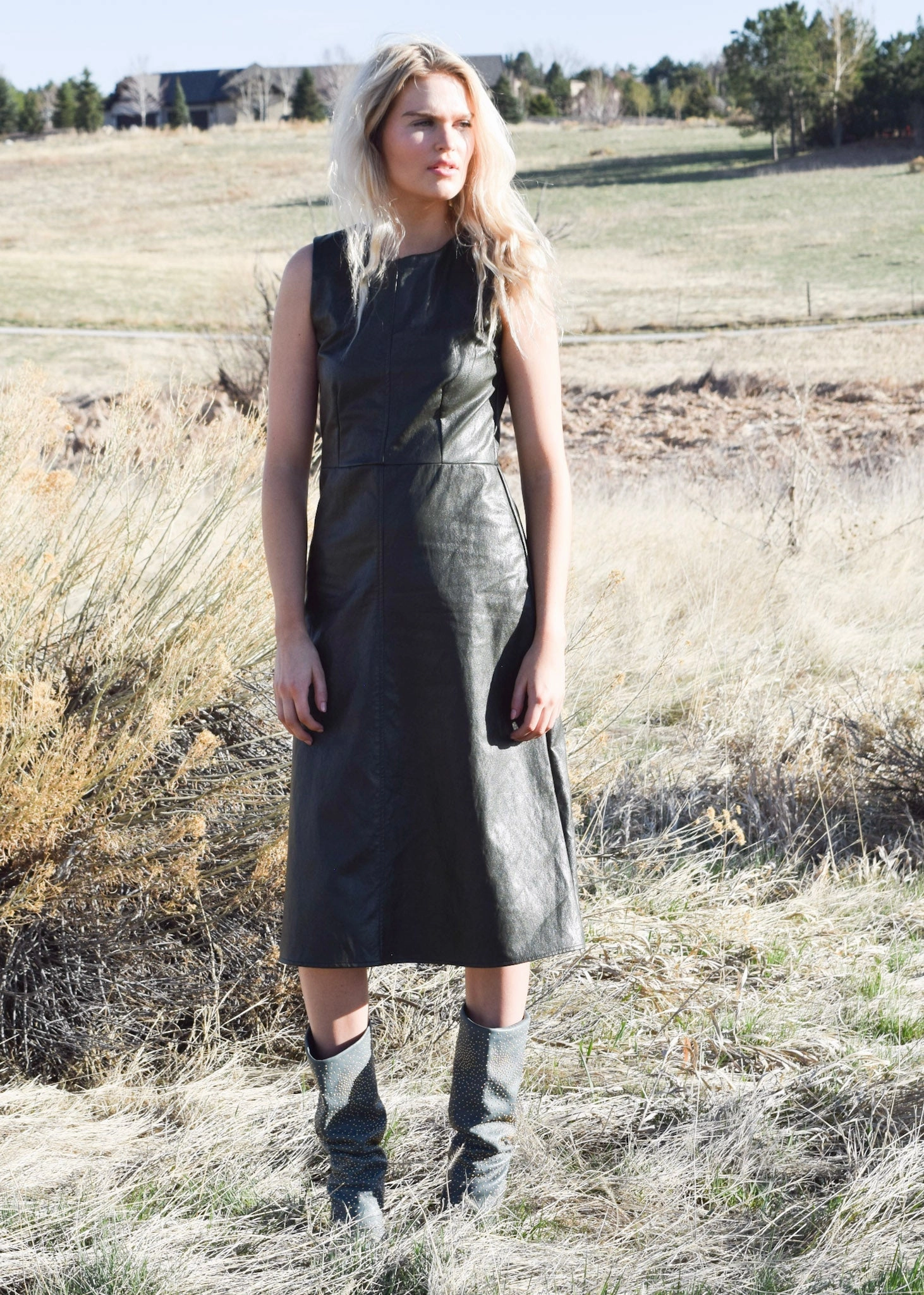 Vibrant Light Sustainable-Lining Never A Wallflower Purslane Dress in Olive Faux Leather