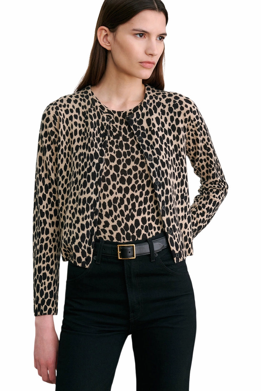 Nili Lotan Kellah Cardigan in Taupe - Black Cheetah Layered Design Long Lasting Elasticity