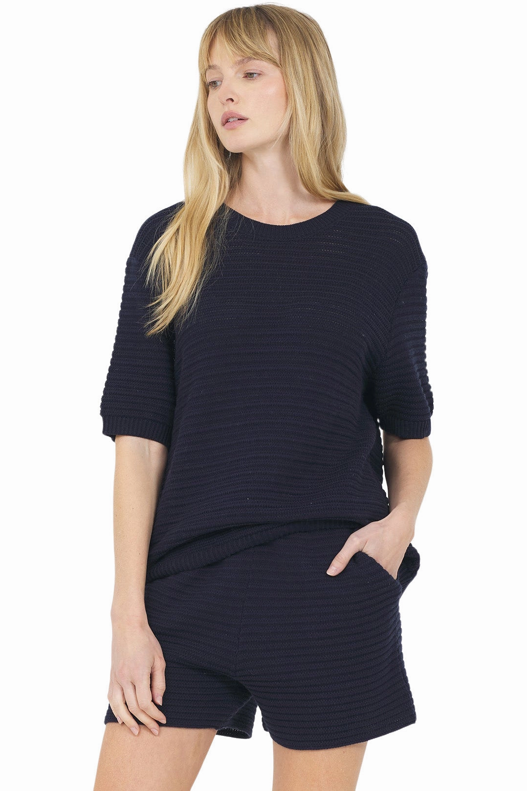 Adjustable drawstring Sophisticated Layers One Grey Day Andrea Tee in Navy