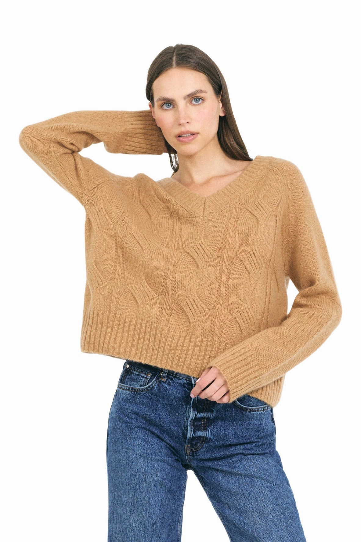 One Grey Day Mabel Cable V-neck Pullover in Chestnut Performance Wear Active Wear