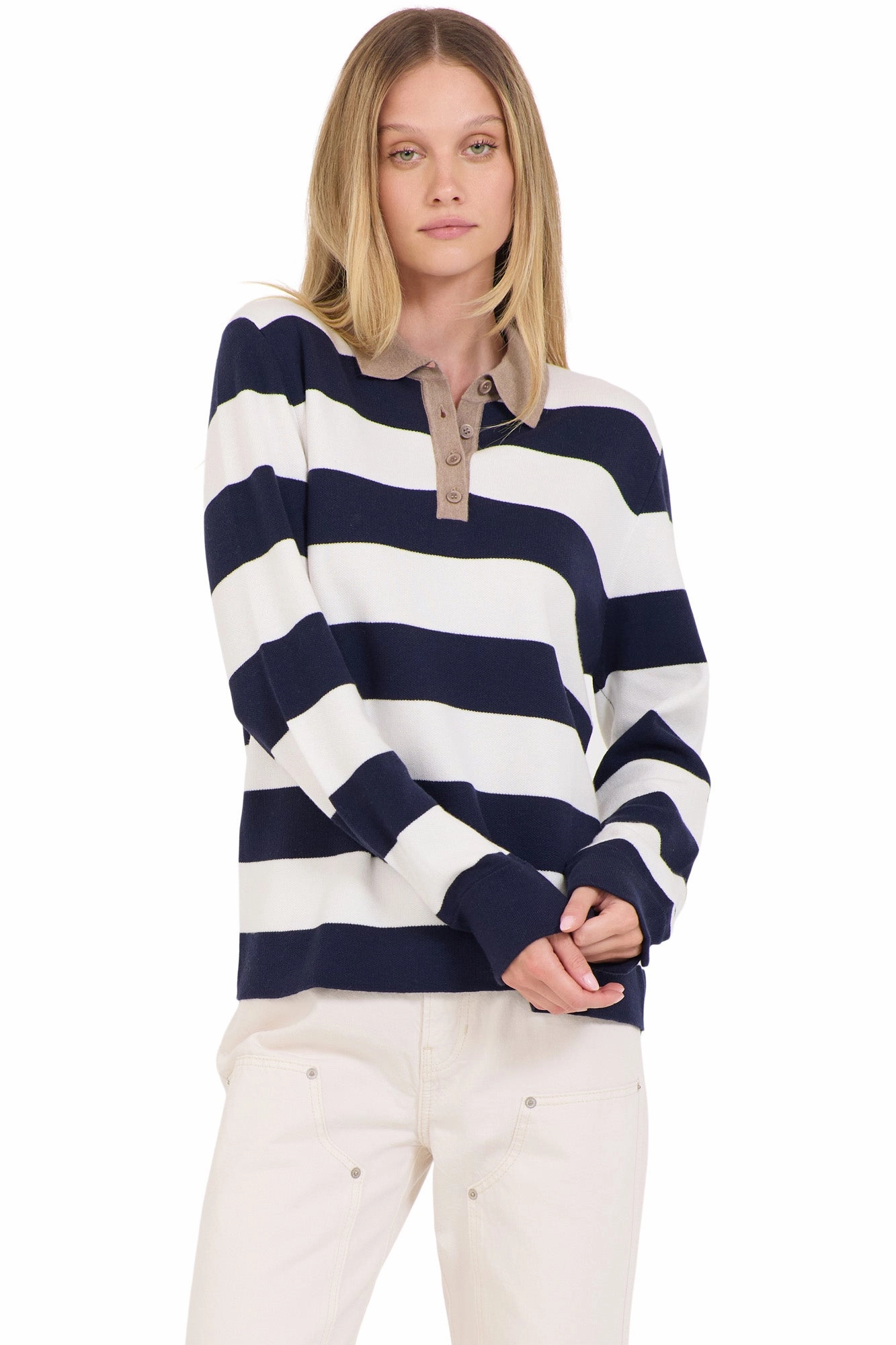 One Grey Day Palma Polo Sweater in Ivory Combo Chilly Look