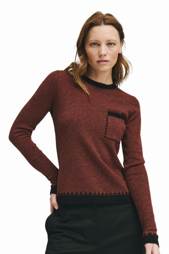 Ultimate Warmth Autumn Cashmere Two Tone Crewneck Sweater with Lace Detail in Root Beer - Black