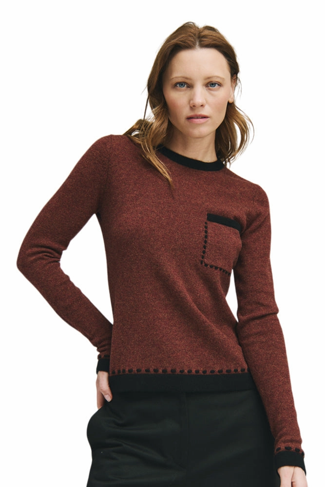 Autumn Cashmere Two Tone Crewneck Sweater with Lace Detail in Root Beer - Black Chill Mode