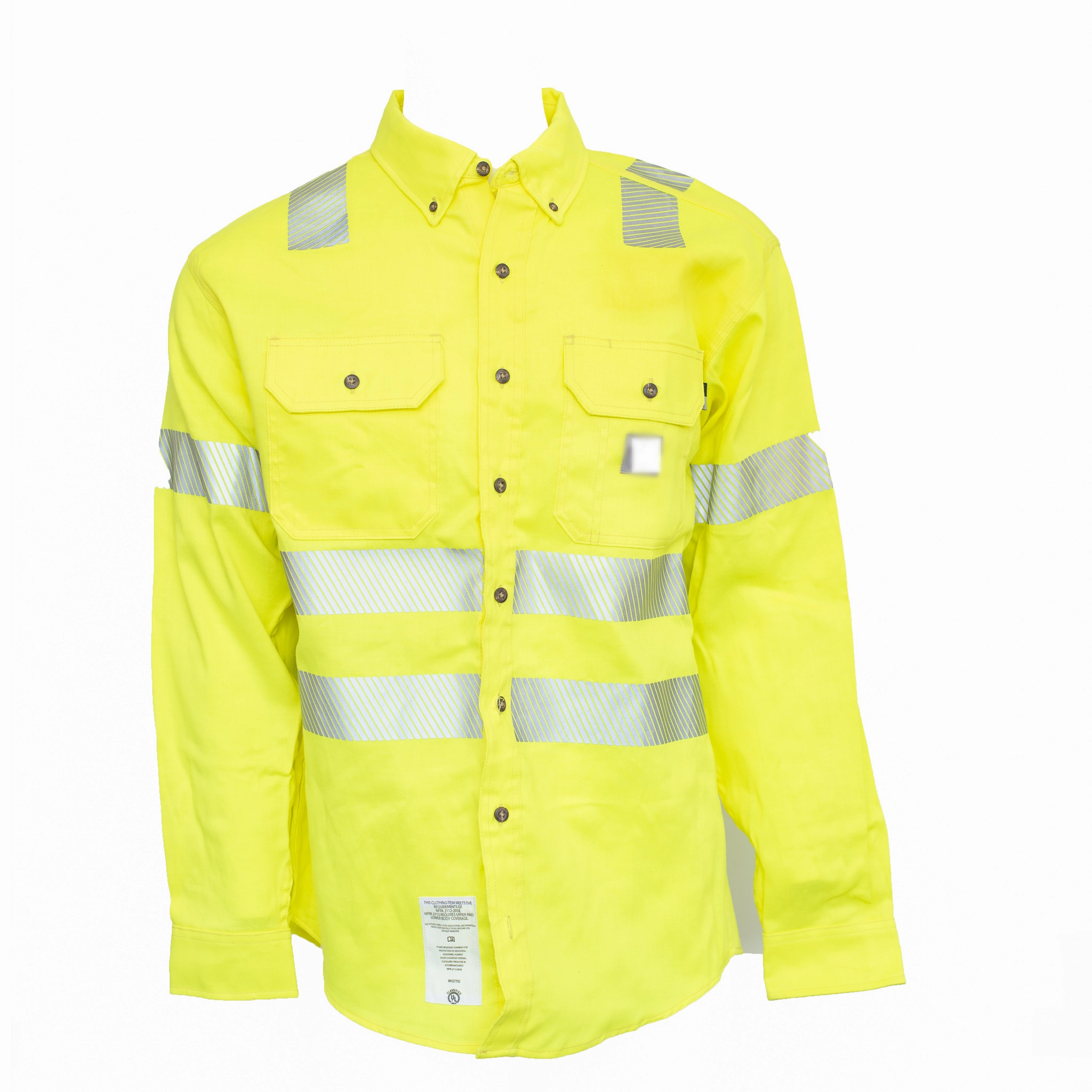 Used Name Brand Flame Resistant Hi-Visibility Shirt Layered Sleeve Cuffs Plaid Design
