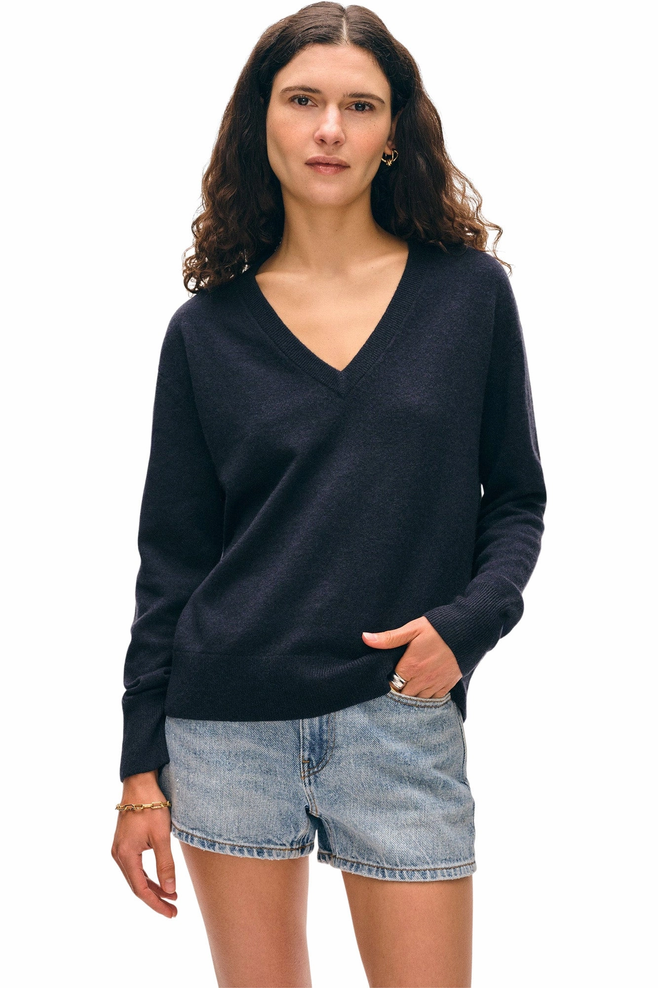 White & Warren Cashmere V-neck Sweater Waffle Knit