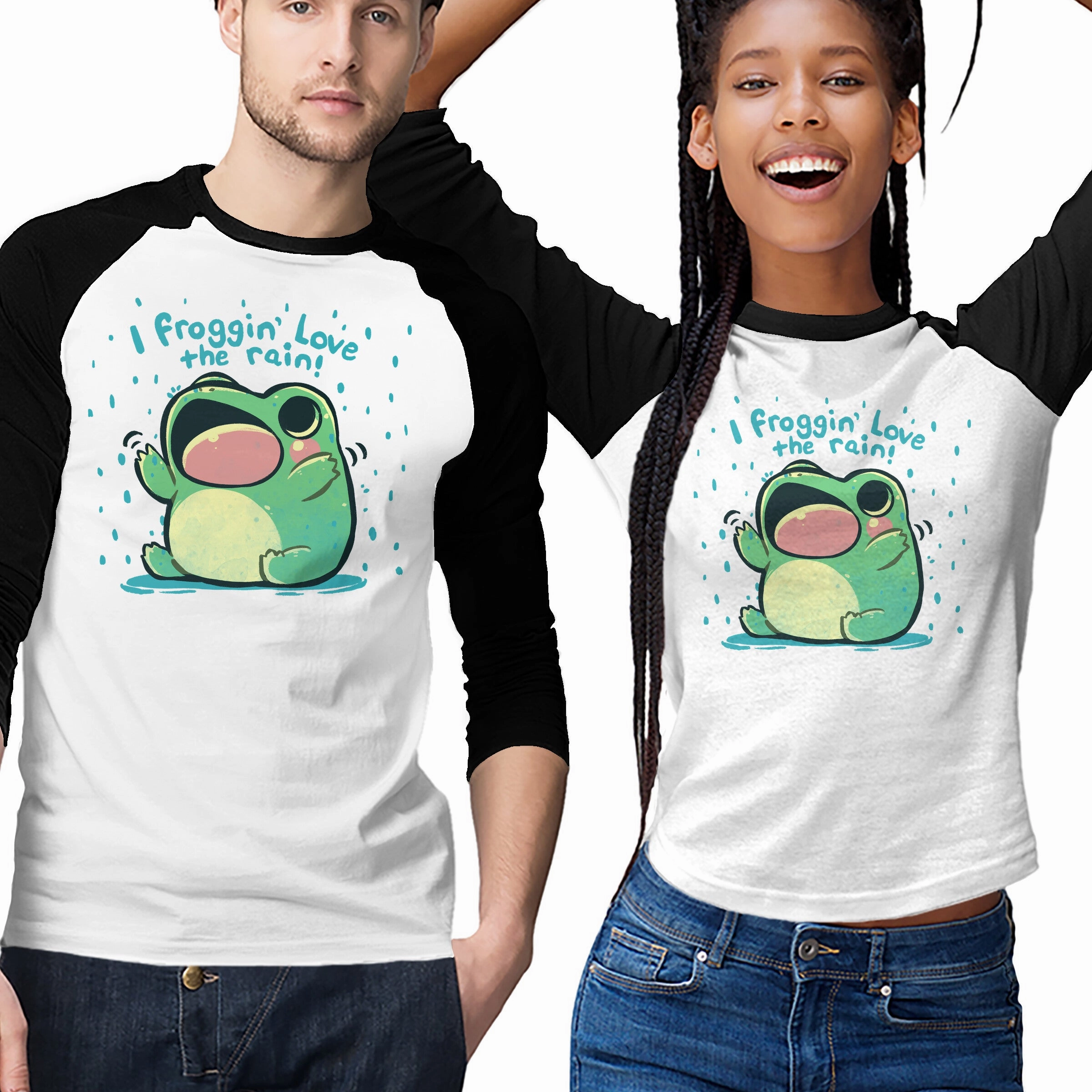 Crew Neck Design Stretchable Weave Froggin Love The Rain