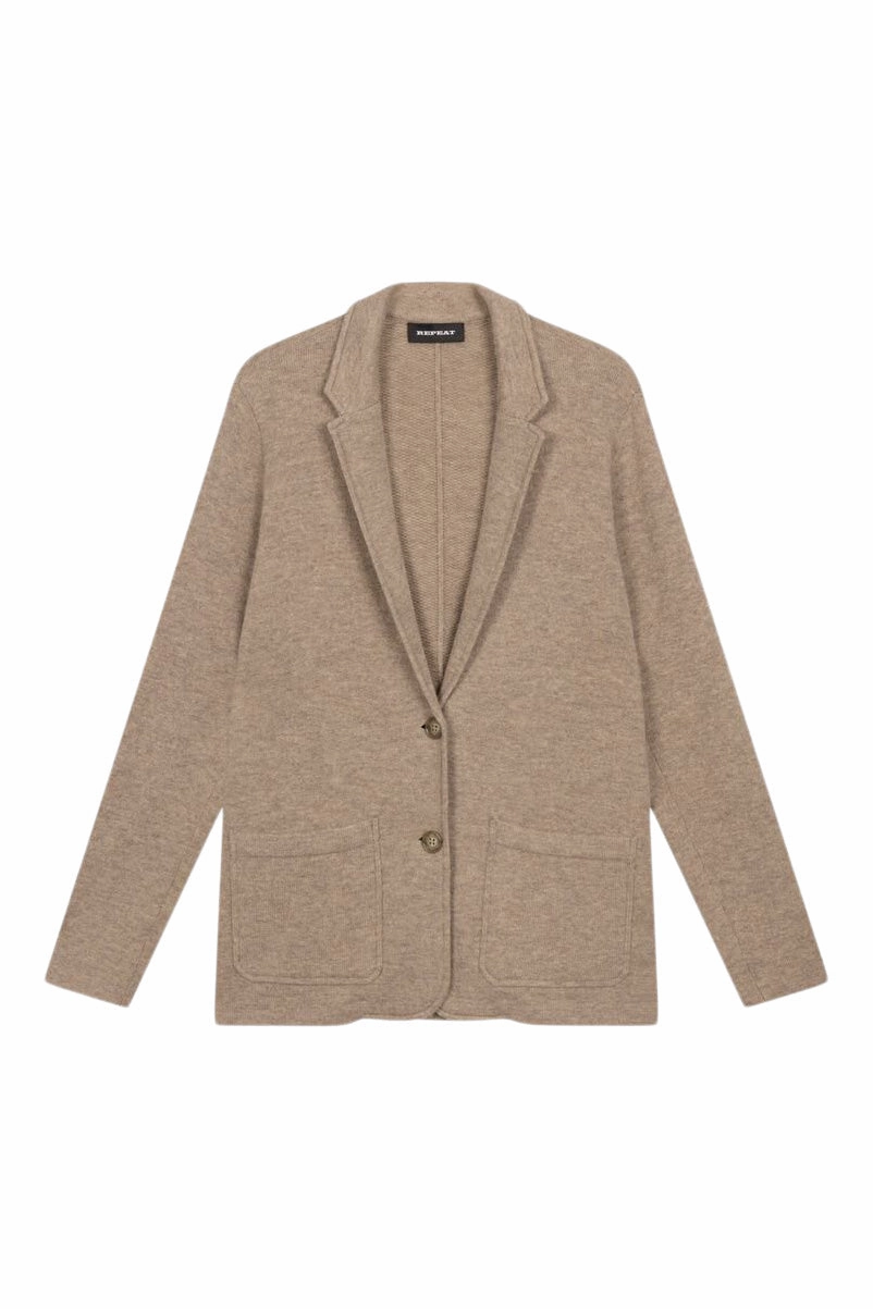 Repeat Cashmere Knit Cardigan with Lapel Collar in Sand Winter-Ready Knit Comfy Layer