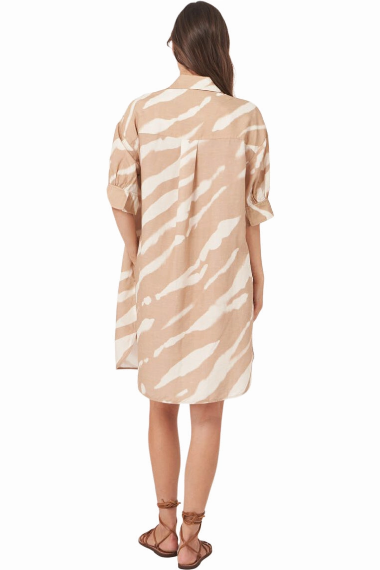 Repeat Cashmere Linen Blend Shirt Dress with Animal Print in Gold Water-Repellent-Finish Office Tone