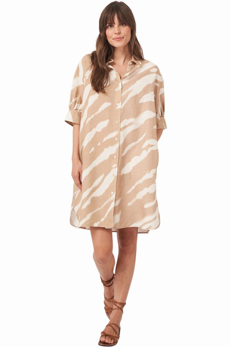 Celebration Wear Flexible Waist Repeat Cashmere Linen Blend Shirt Dress with Animal Print in Gold