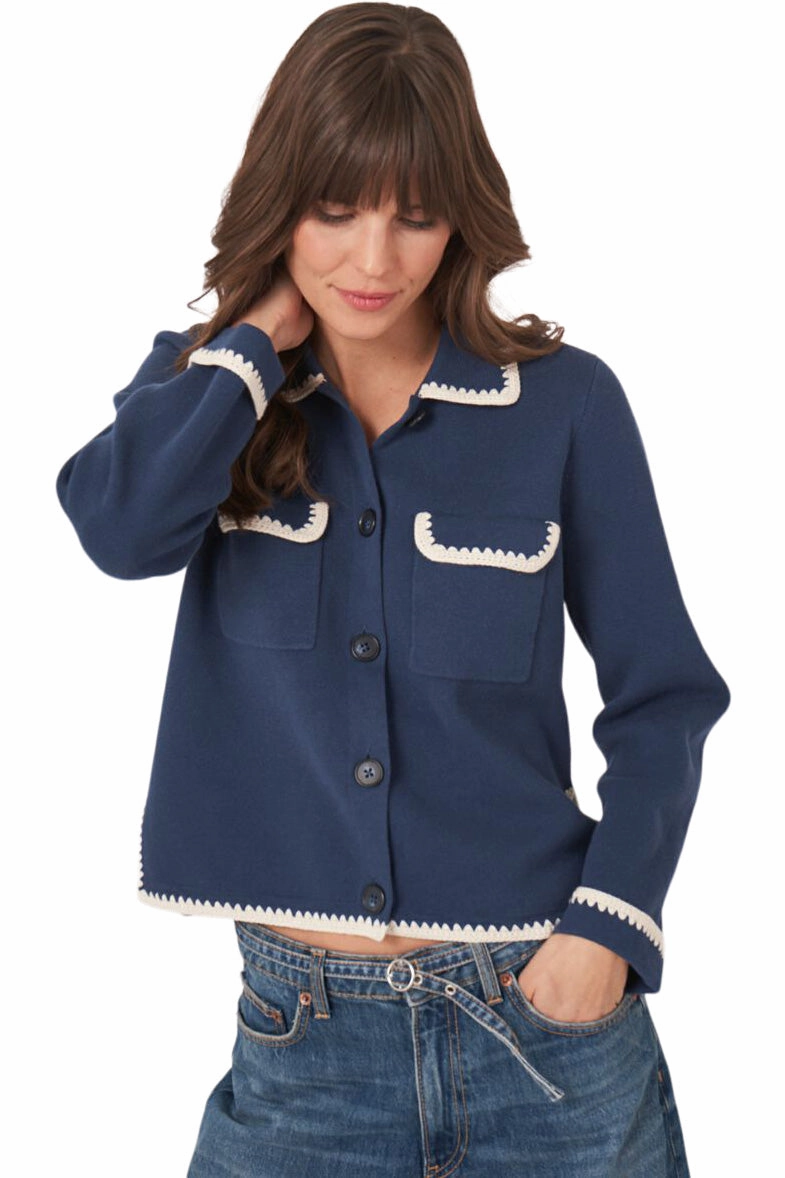 Comfy Vibe Repeat Cashmere Polo Neck Buttoned Cardigan with Crochet Details in Marine