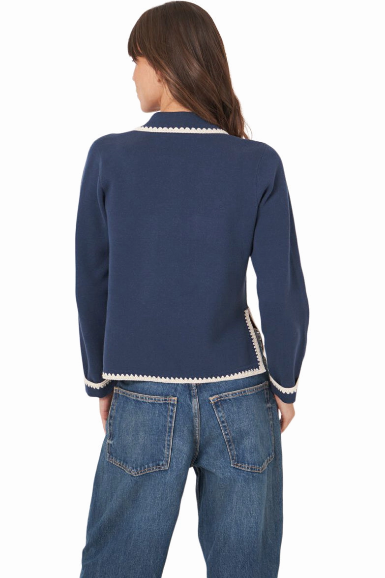 Snuggly Knit Repeat Cashmere Polo Neck Buttoned Cardigan with Crochet Details in Marine