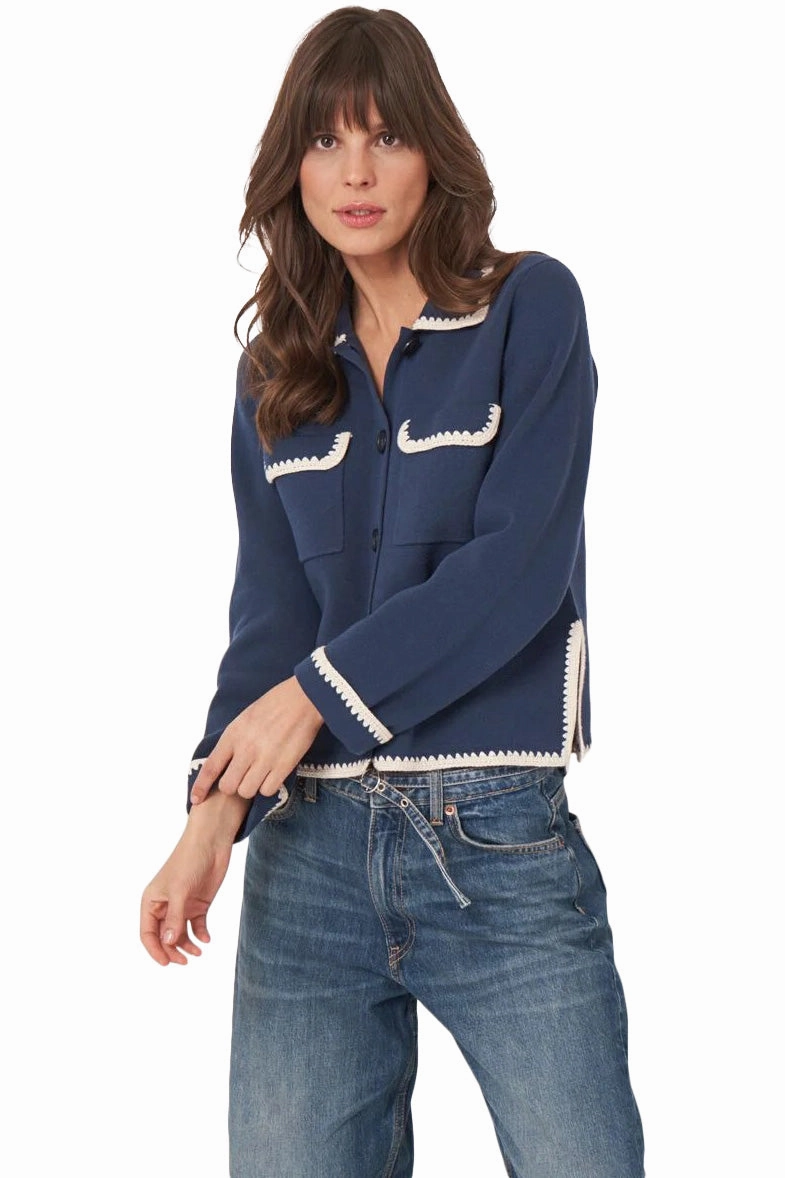 Comfy Wearable Knitwear Design Repeat Cashmere Polo Neck Buttoned Cardigan with Crochet Details in Marine