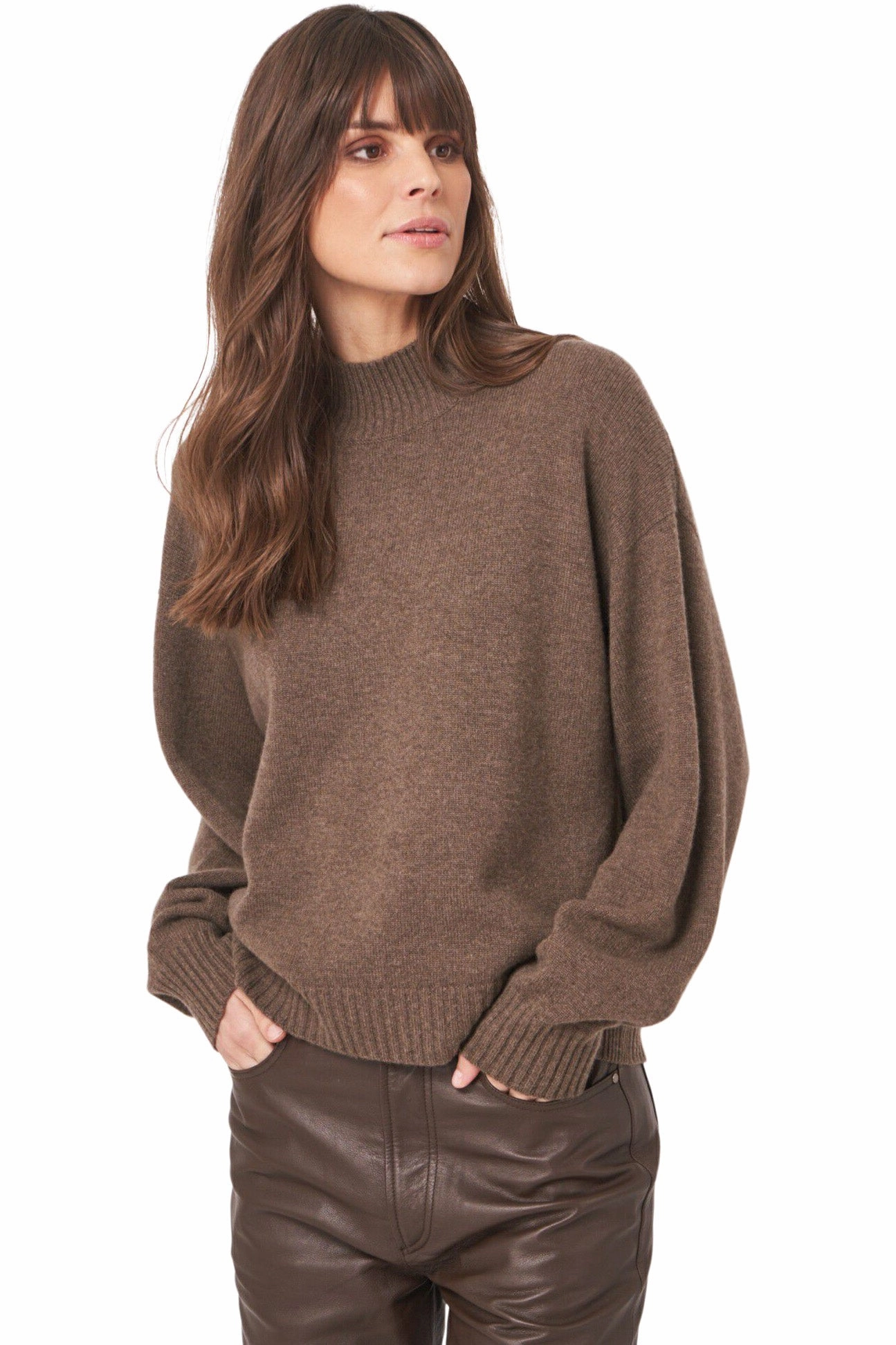 Chilly Layer Classic Layer Repeat Cashmere Seamless Stand Collar Sweater in Cacao