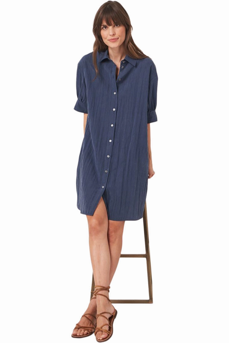 Playful touch Seasonal Style Repeat Cashmere Shirt Dress with Short Puff Sleeves in Marine