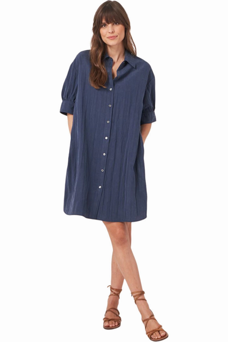 Minimal Fit Repeat Cashmere Shirt Dress with Short Puff Sleeves in Marine