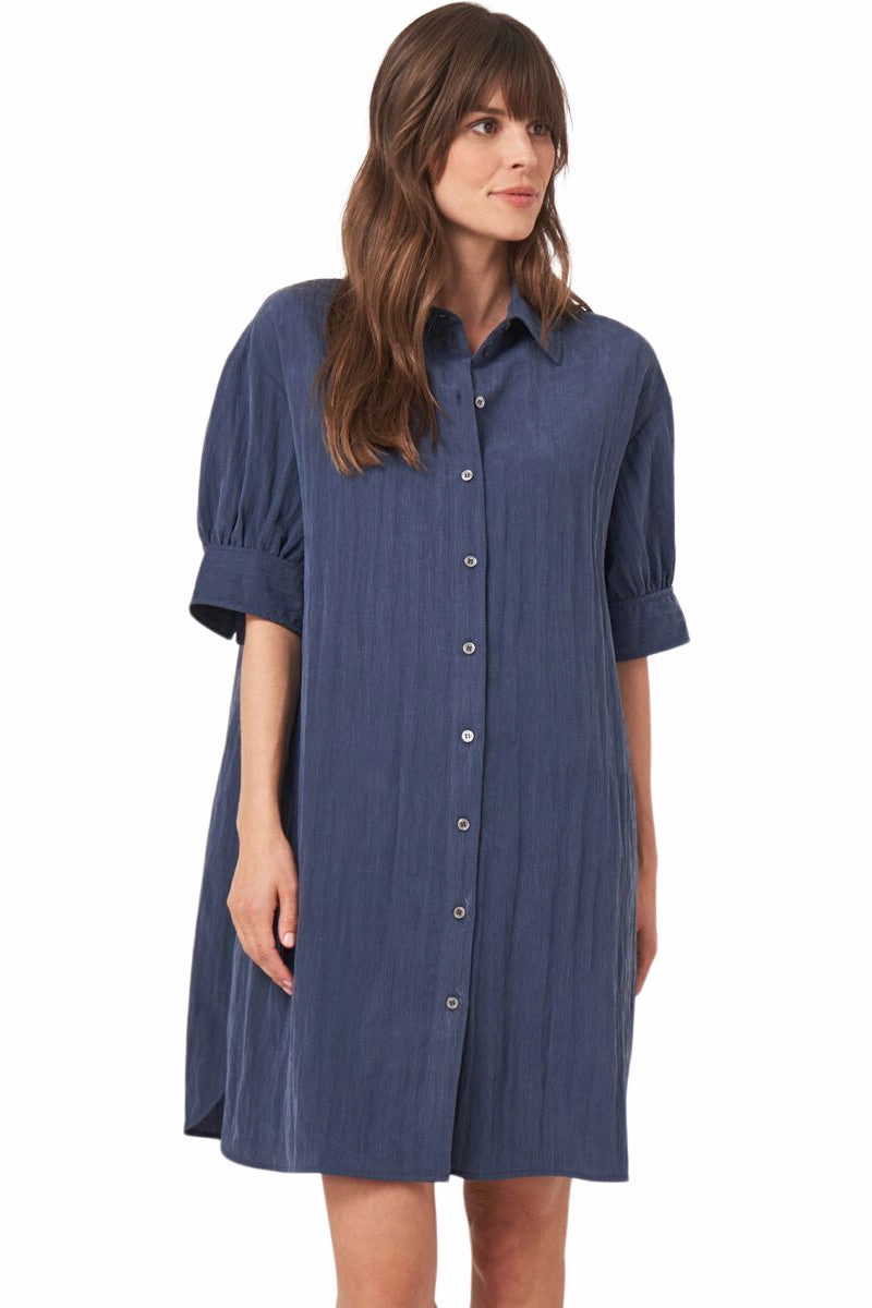 Repeat Cashmere Shirt Dress with Short Puff Sleeves in Marine Pop Texture Light Wrap