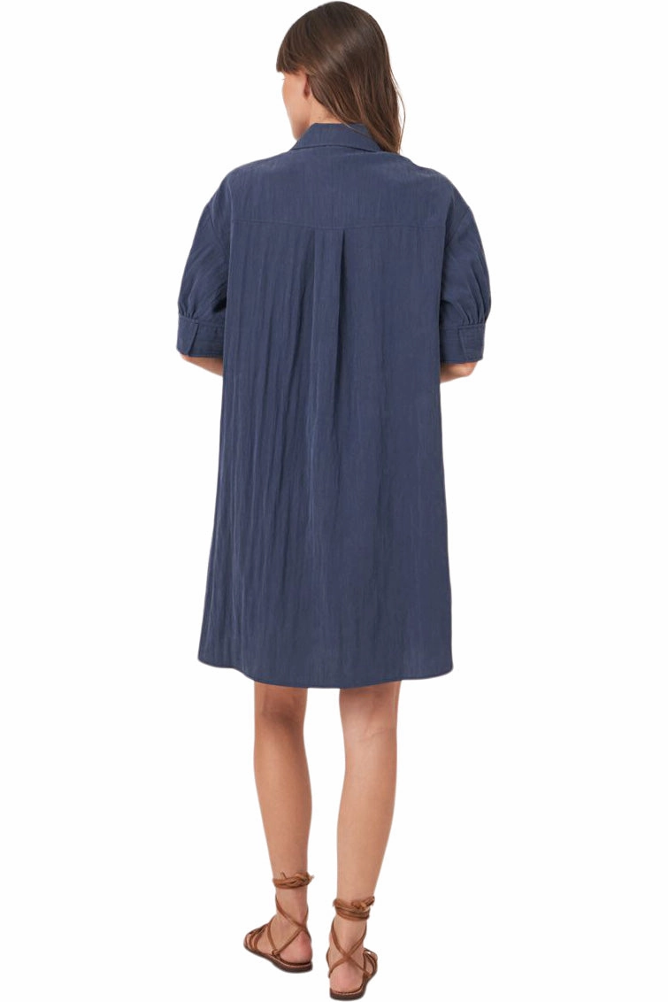 Simple Form Repeat Cashmere Shirt Dress with Short Puff Sleeves in Marine