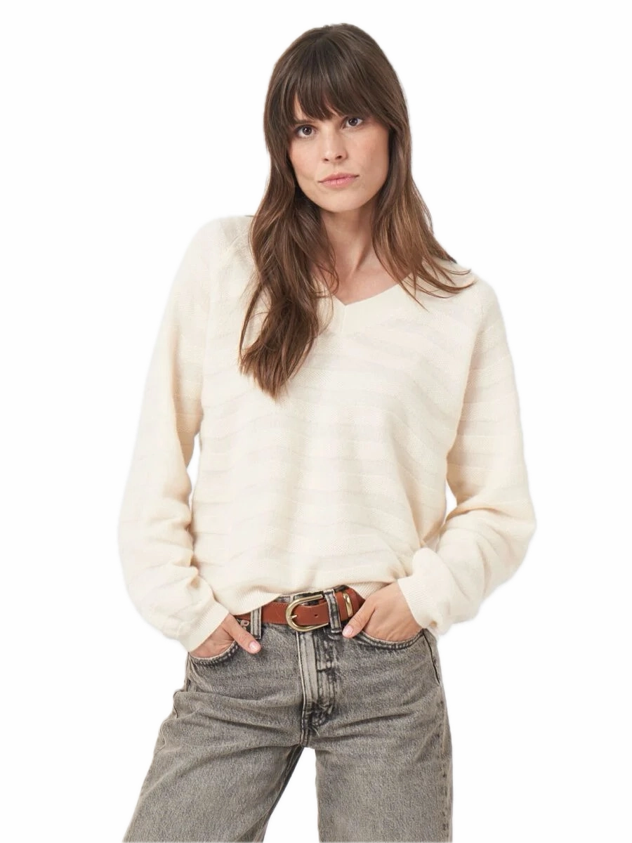 Stretch Knit Repeat Cashmere V-neck Sweater with Textured Wavy Stripes in Vanilla