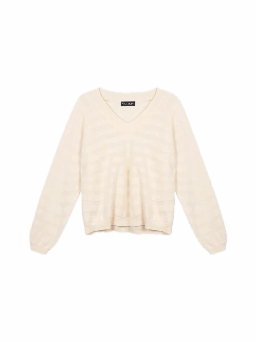 Effortless Wear Repeat Cashmere V-neck Sweater with Textured Wavy Stripes in Vanilla