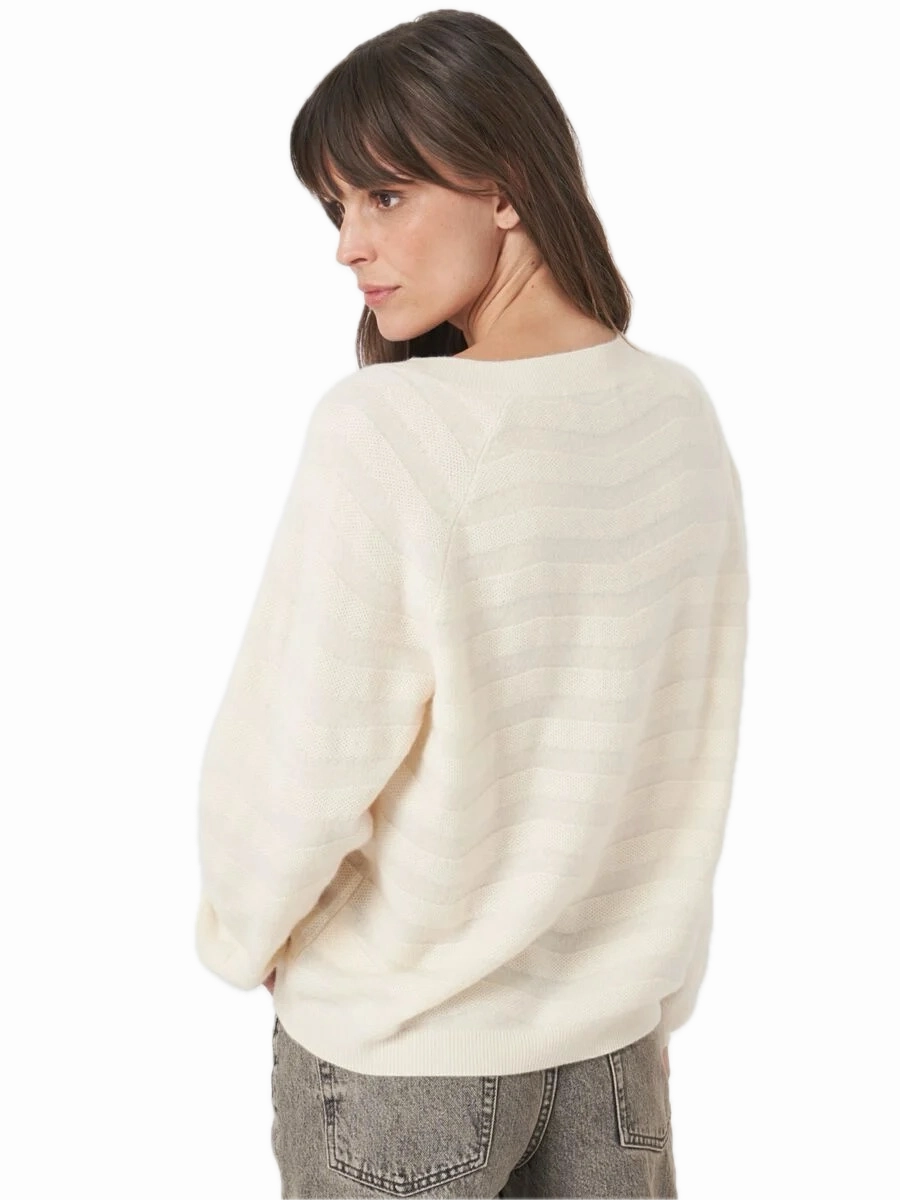 Quick Dry Fit Soft and Cozy Repeat Cashmere V-neck Sweater with Textured Wavy Stripes in Vanilla