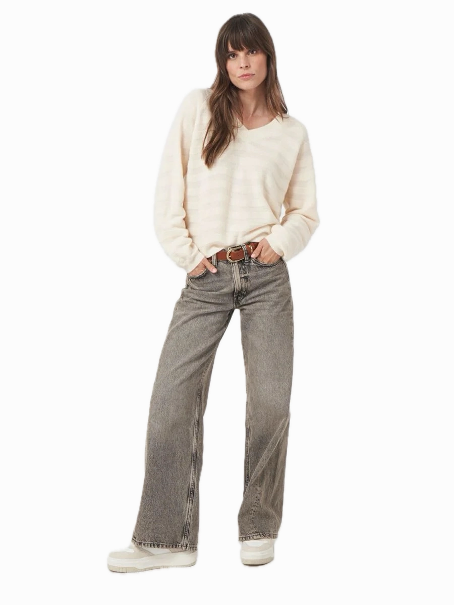 Repeat Cashmere V-neck Sweater with Textured Wavy Stripes in Vanilla Microfiber Insulation