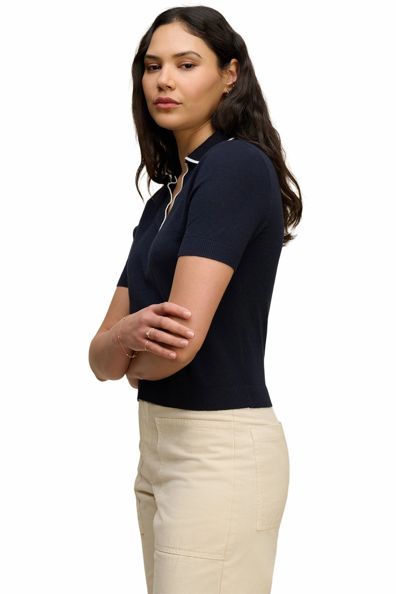 Relaxed Look Velvet Abela Polo Top in Navy