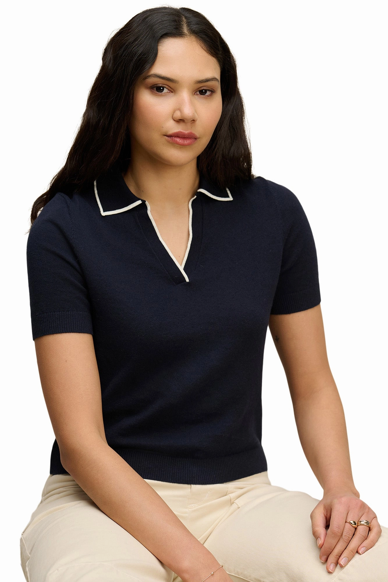 Stretch Comfort Design Velvet Abela Polo Top in Navy