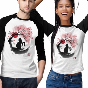 Non Shrink Material Wrinkle Resistant Finish Sakura Cat Sumi-e