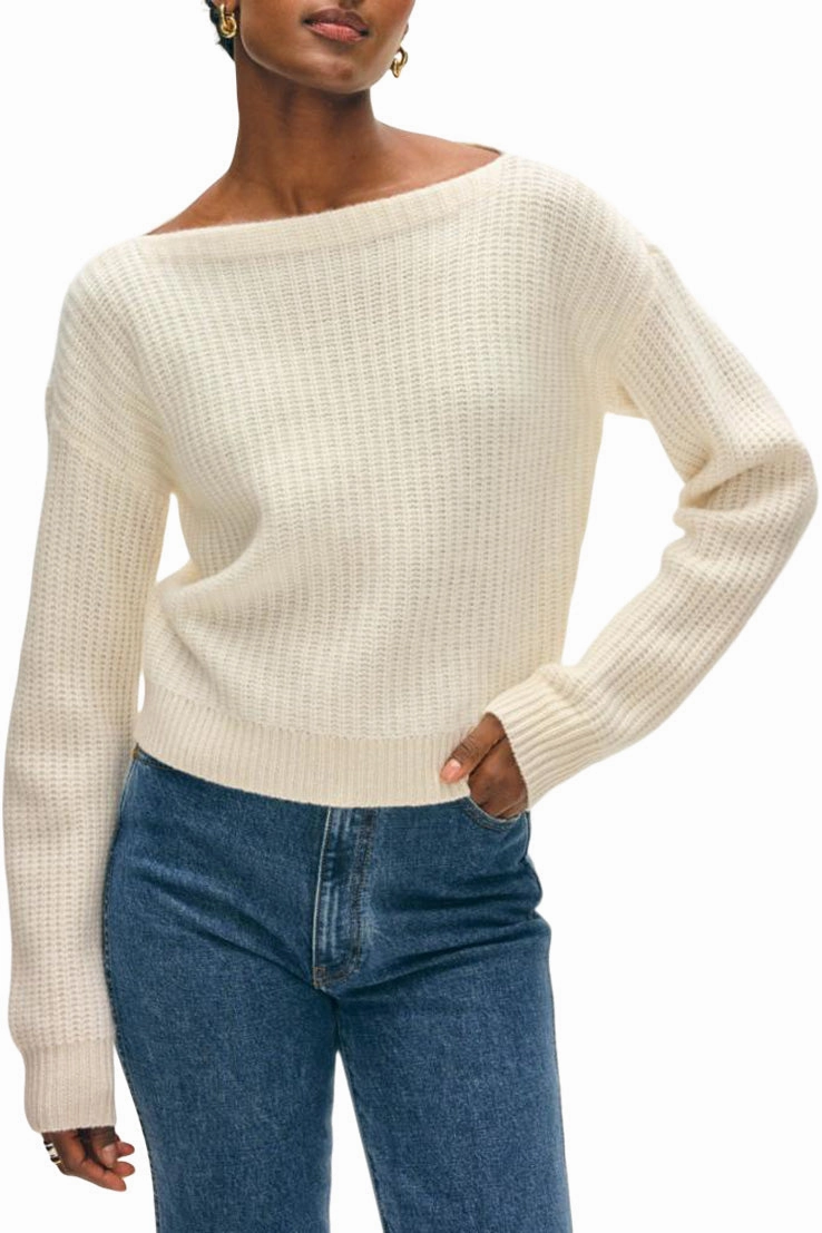 White & Warren Cashmere Ribbed Boatneck Sweater Sleek Waistband