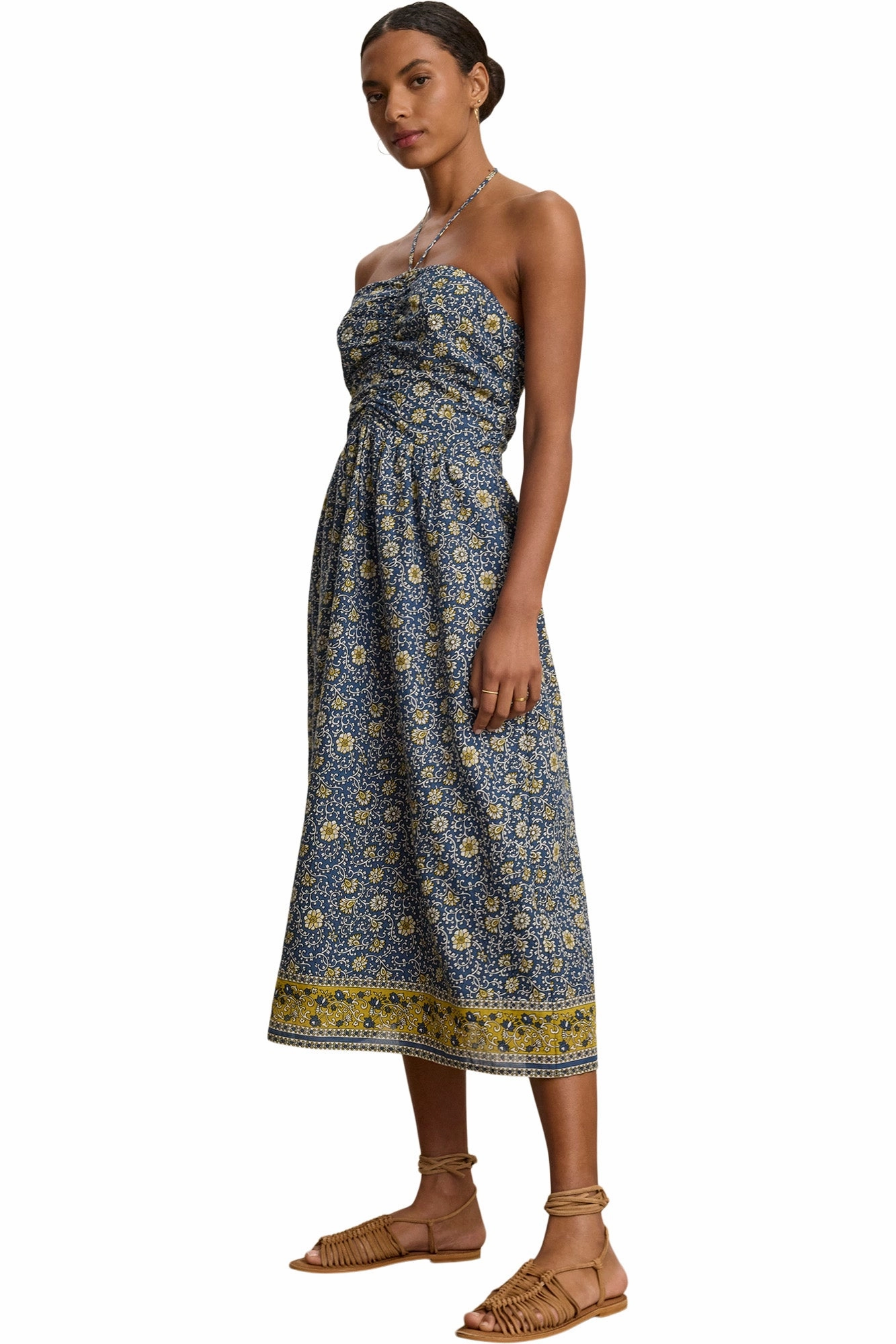 Formal dinner wear Velvet Odette Block Print Dress in Blue Floral