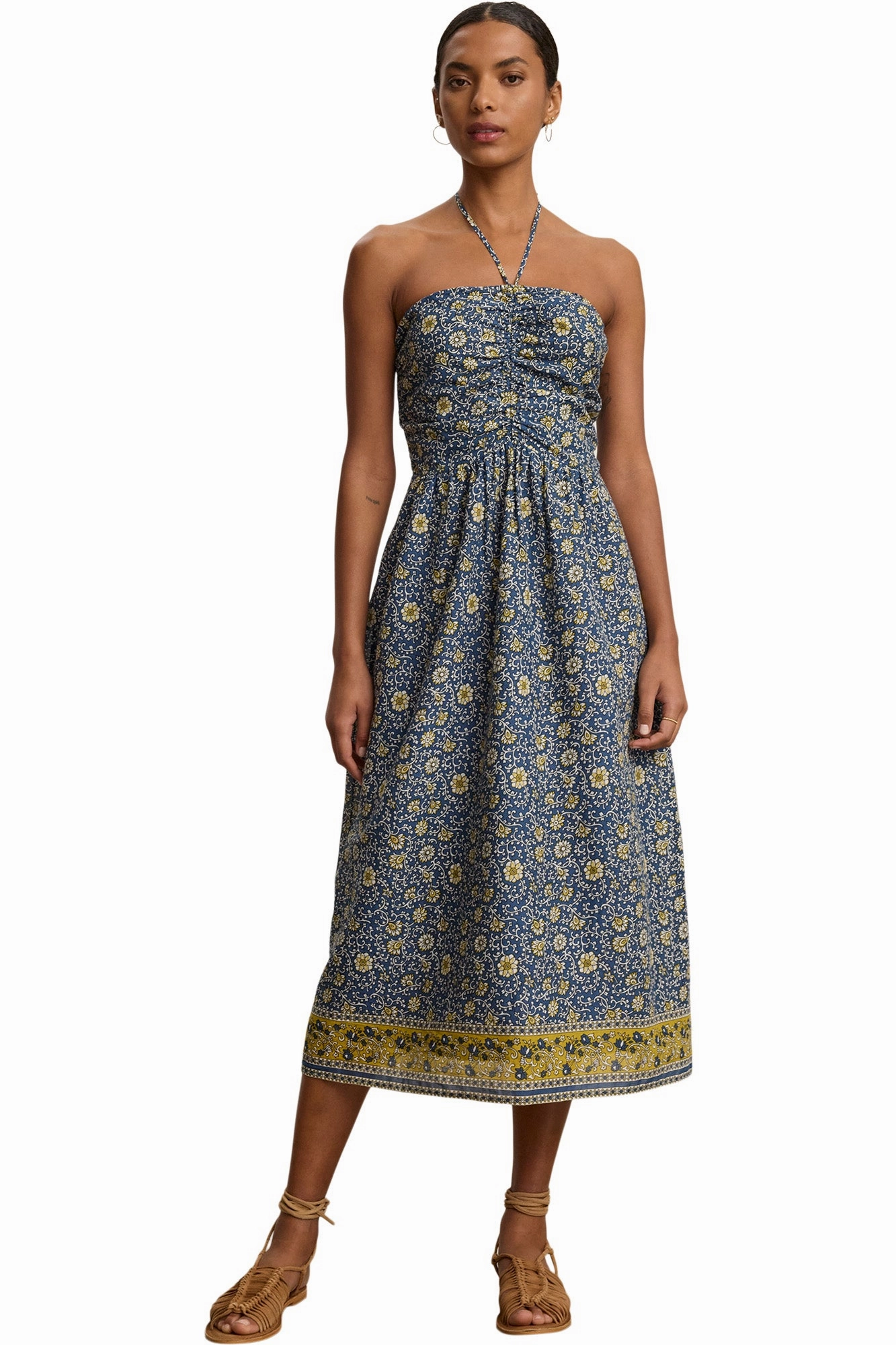 Velvet Odette Block Print Dress in Blue Floral Contemporary Waist
