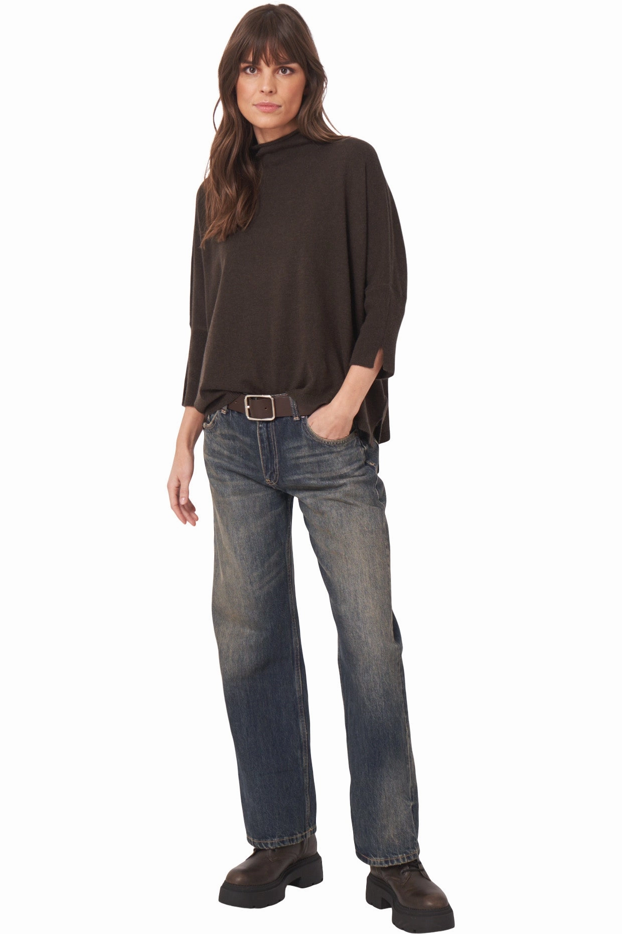 Ribbed Hem Detailing Cozy And Warm Repeat Cashmere Oversized Mockneck Turtleneck in Dark Brown