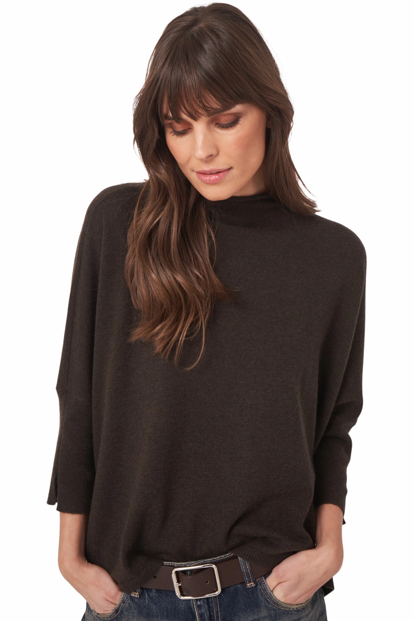 Layering Piece Thermal Lock Stitching Repeat Cashmere Oversized Mockneck Turtleneck in Dark Brown