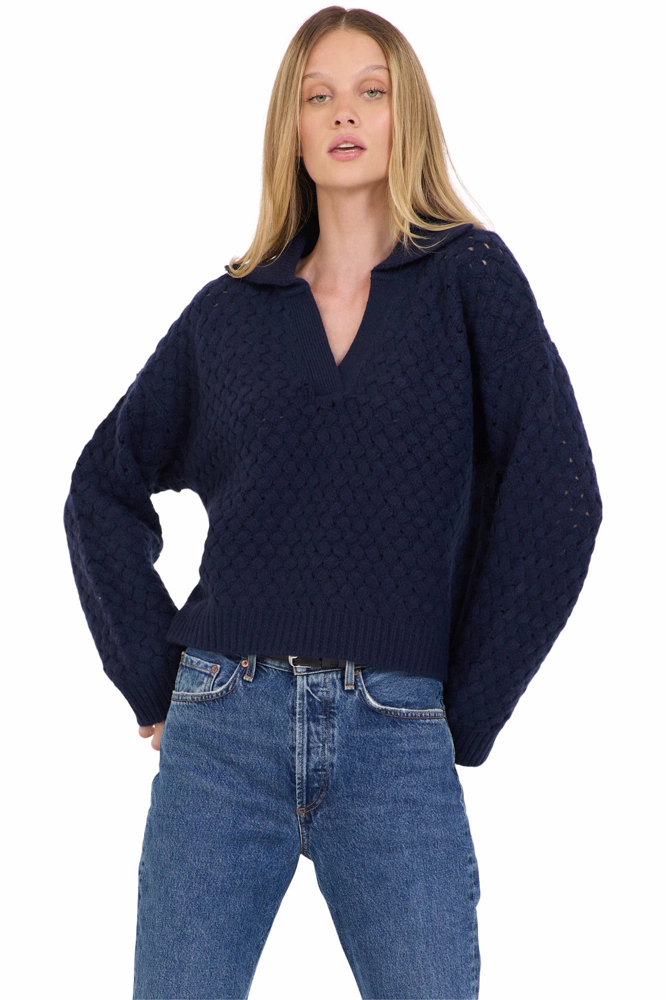 Soft Texture One Grey Day Malin Cashmere Polo Sweater in Navy