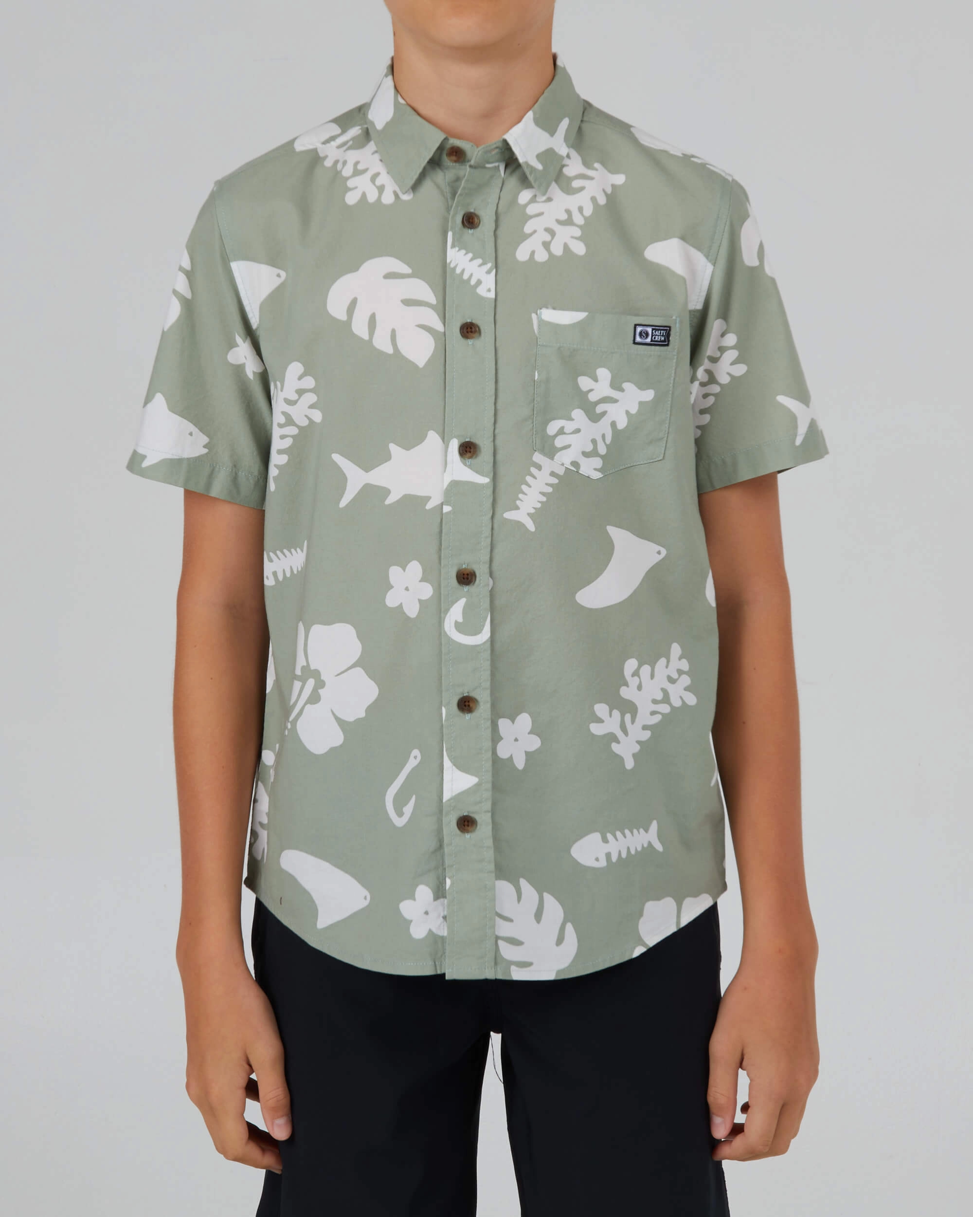 Seaside  S/S Woven Kids - Dusty Sage Button Down Design