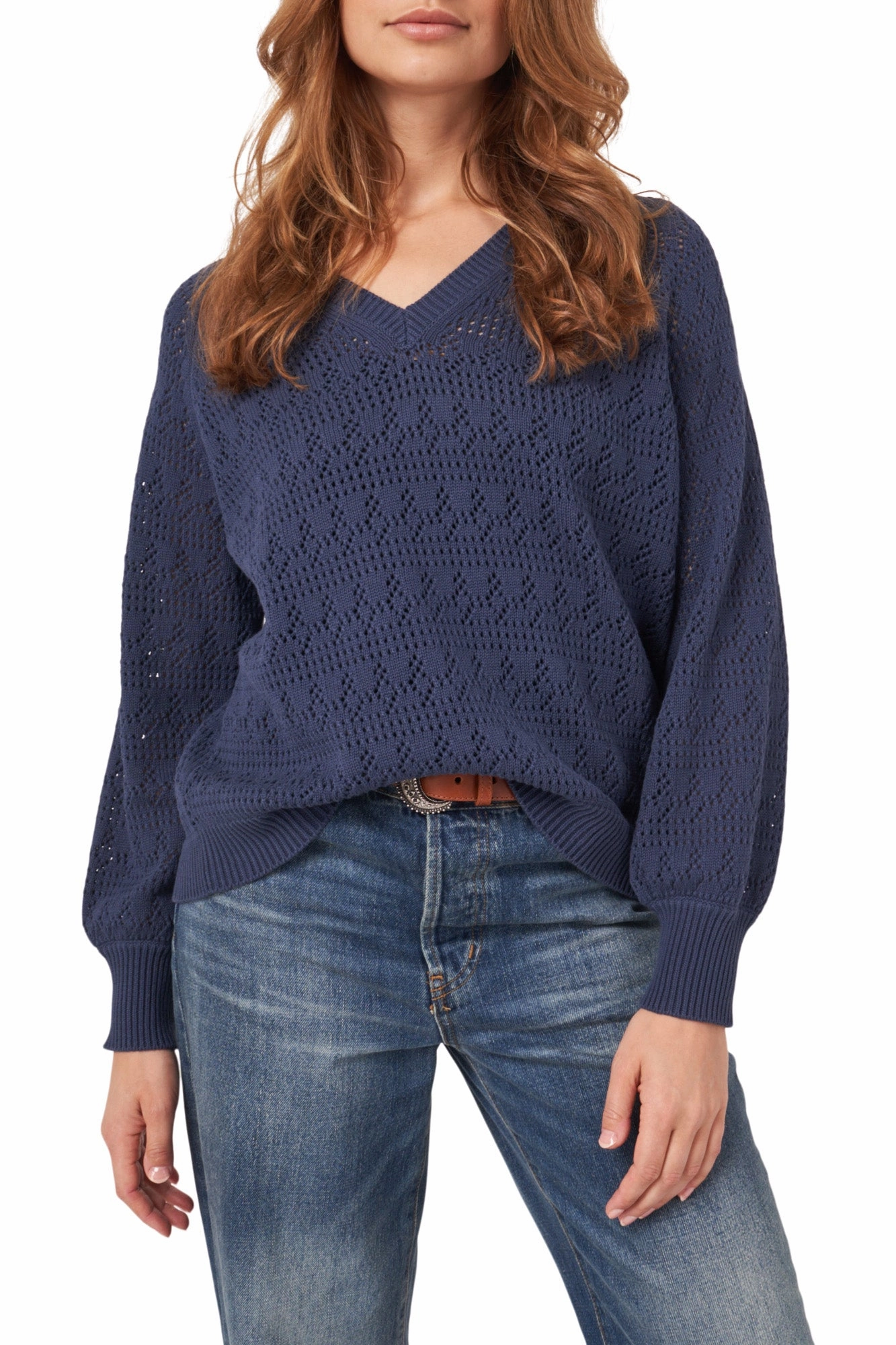 Warm Appeal Colorfast Dye Method Repeat Cashmere V-neck Pointelle Sweater in Marine