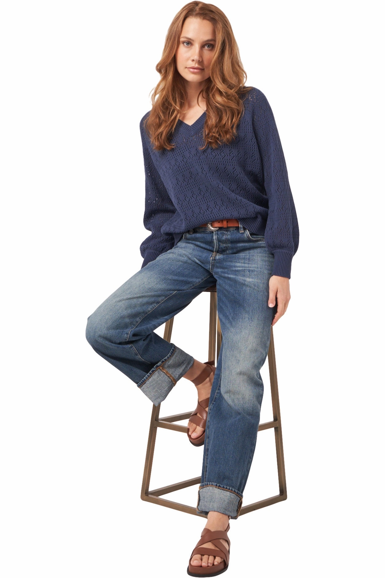 Repeat Cashmere V-neck Pointelle Sweater in Marine Versatile Styling