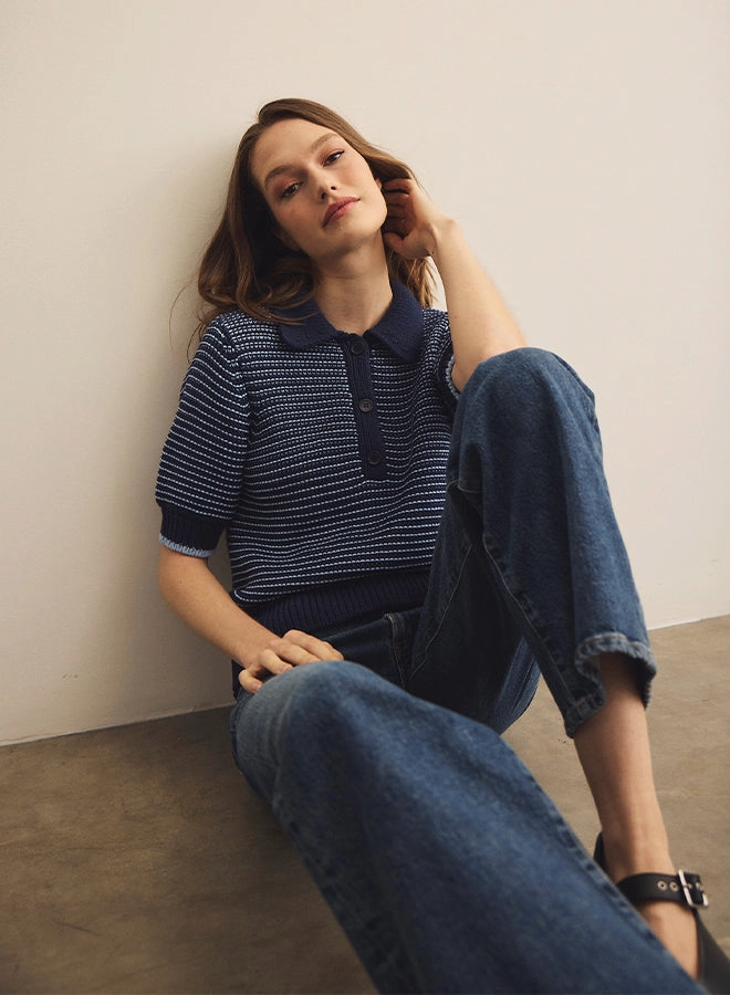 Relaxed Neckline Michael Stars Marley Collared Popover in Nocturnal-Breeze