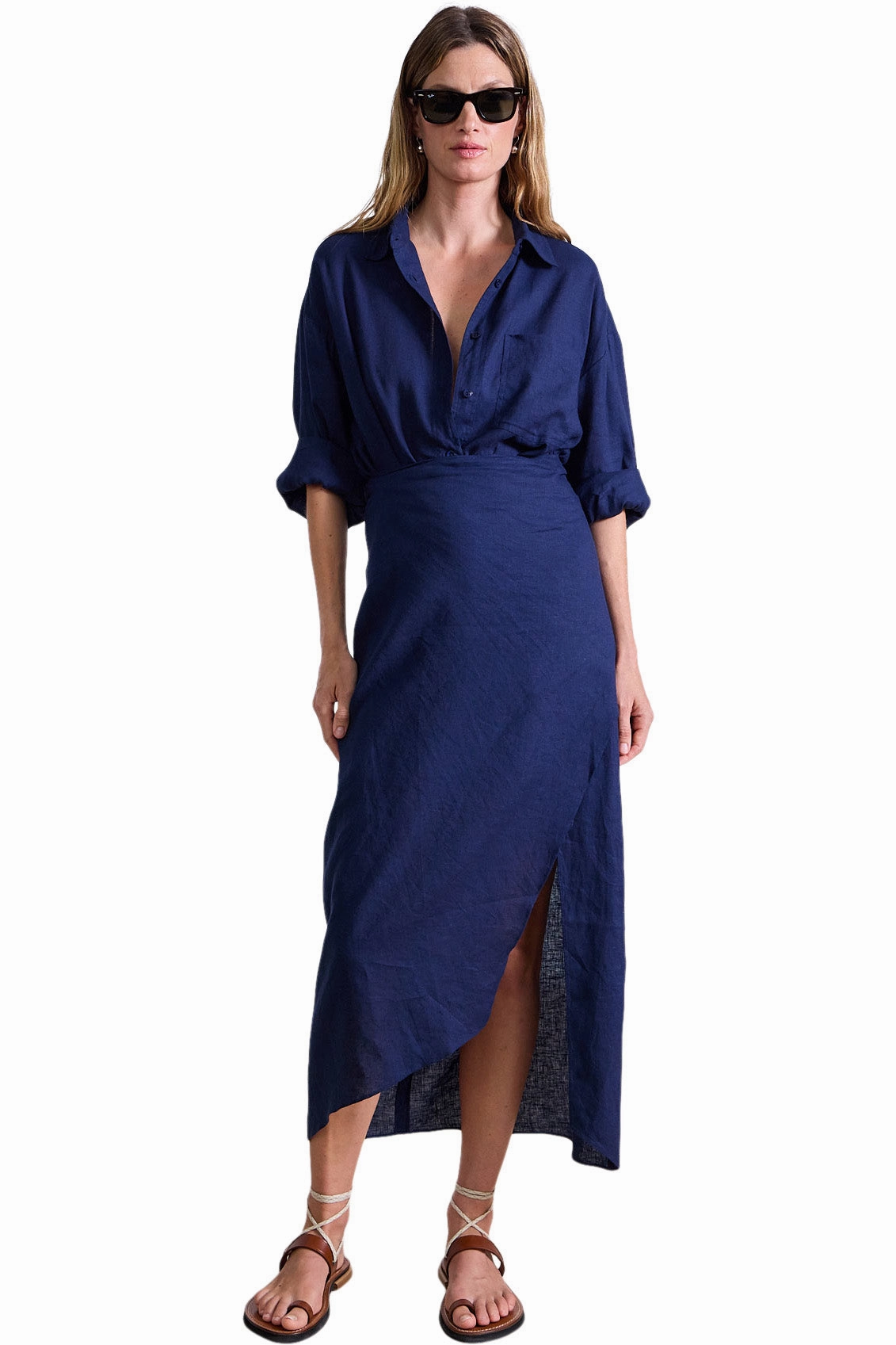 Minimalist Waist Chic Everyday Wear Apiece Apart Alessandra Sarong Shirt Dress in Navy