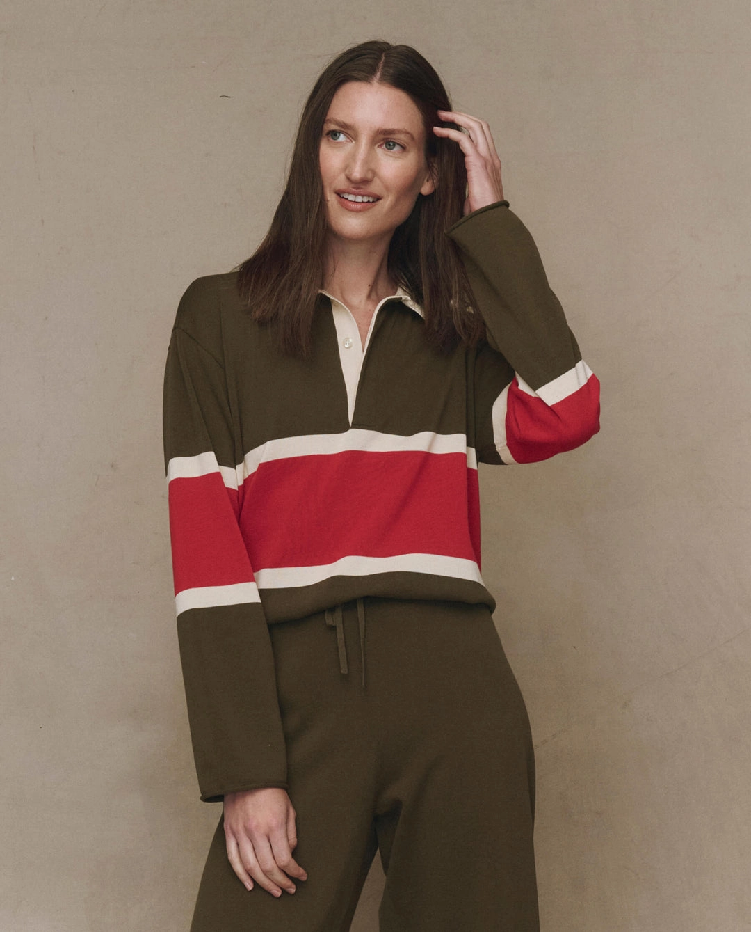 Casual Knit Wear The Great Rugby Sweater in Army with Hot Red Stripe