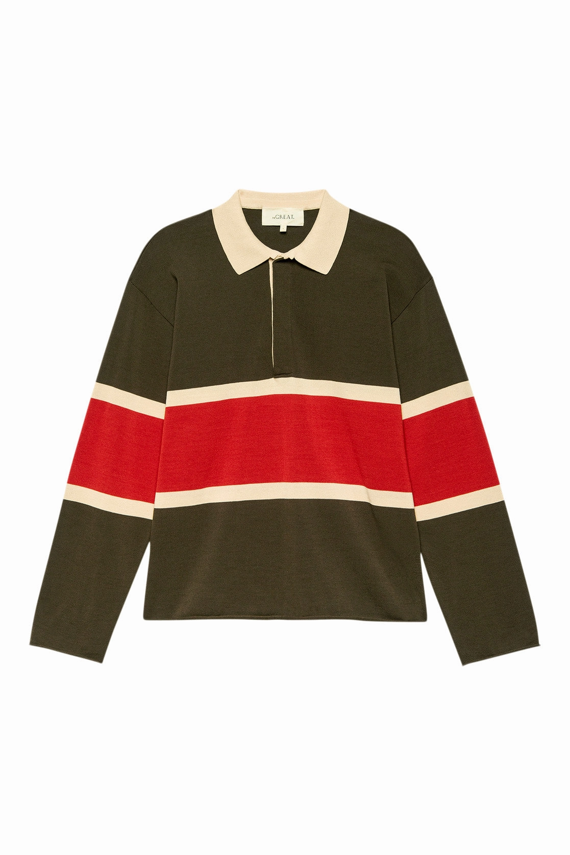 The Great Rugby Sweater in Army with Hot Red Stripe Soft Fabric Look Slim Stretch