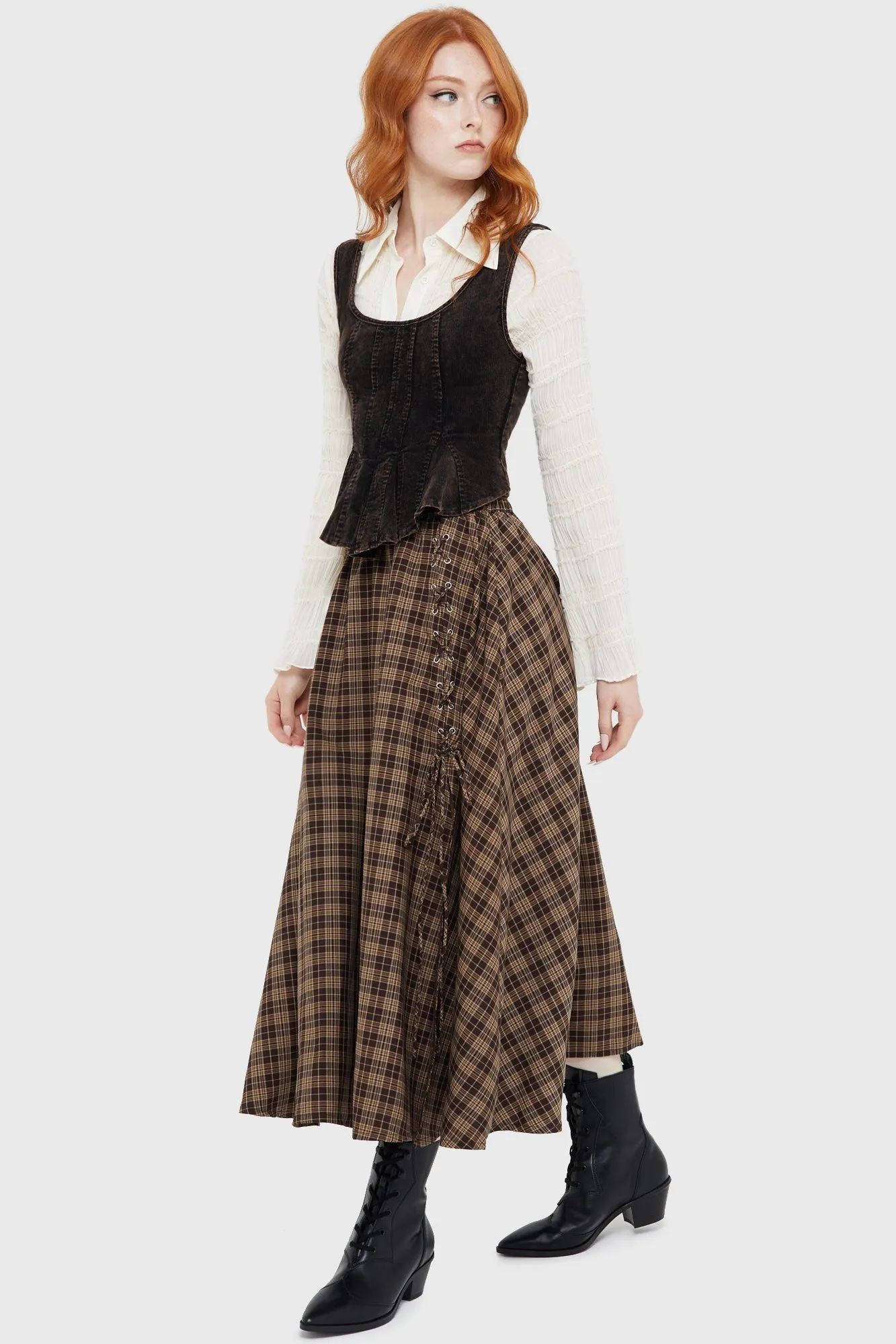 RelaxedFit Bamboo Fiber Fabric Haven Hollow Skirt [BROWN TARTAN]